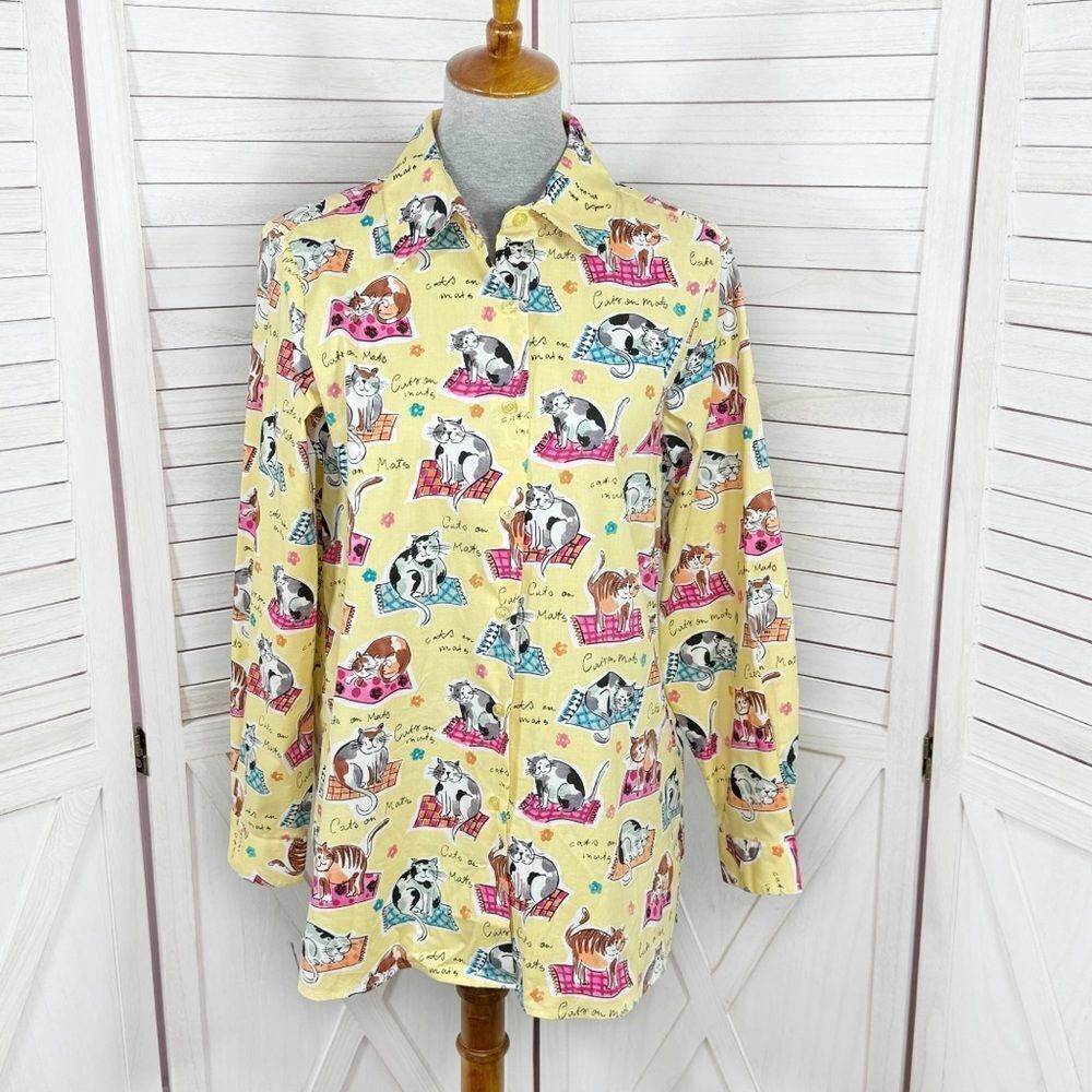 Chatterprintz Cats on Mats Button Up Shirt Yellow Small Long Sleeve